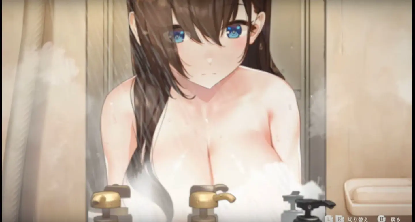 Image breasts,female,blue_eyes,cleavage,brown_hair,upper_body,mirror,game_cg,haishin,ikoma_mio
