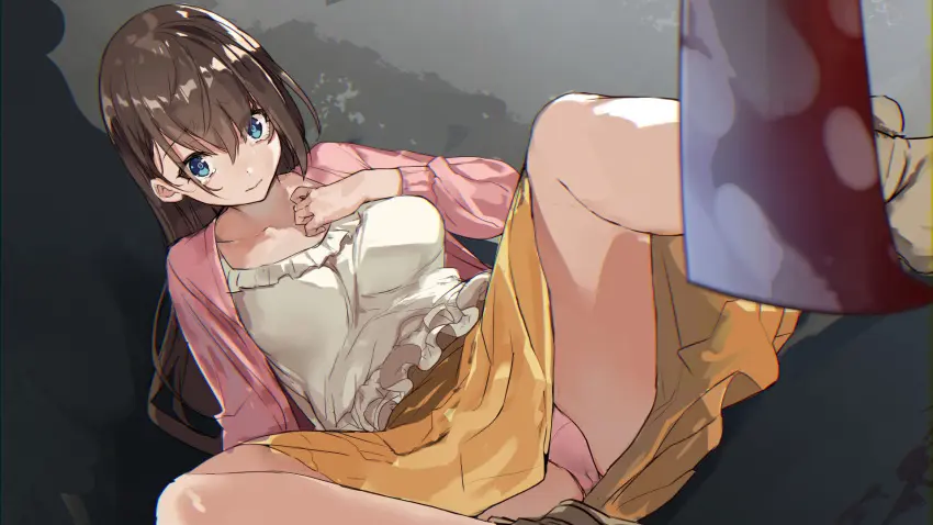 Image female,highres,long_hair,blue_eyes,panties,underwear,collarbone,spread_legs,sitting,scared,brown_hair,1other,skirt,closed_mouth,tears,pink_panties,yellow_skirt,against_wall,haishin,ikoma_mio,yamacchi,cleaver