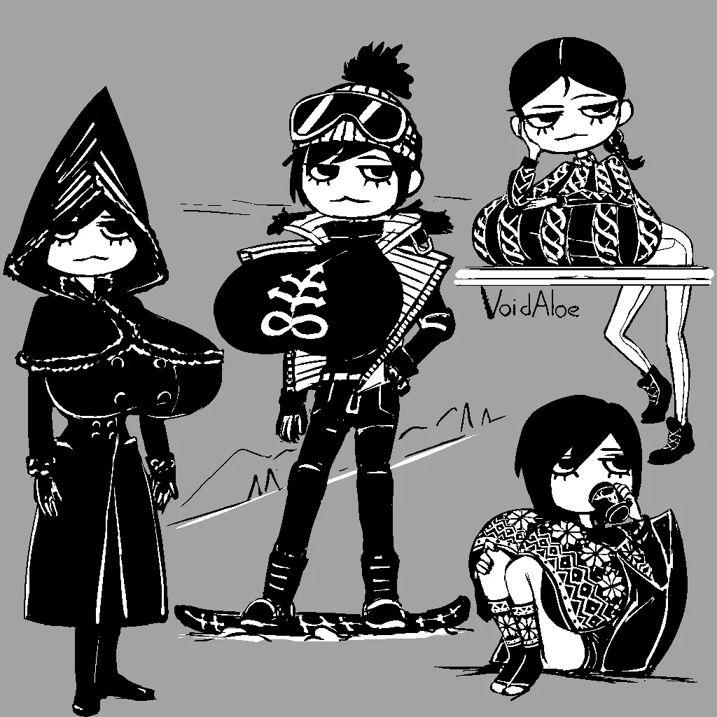 Image 1girls,big_breasts,breasts,female,eyelashes,huge_breasts,breasts_bigger_than_head,goth,goth_girl,costume,christmas_sweater,tequila_(void_aloe),void_aloe,ski_goggles