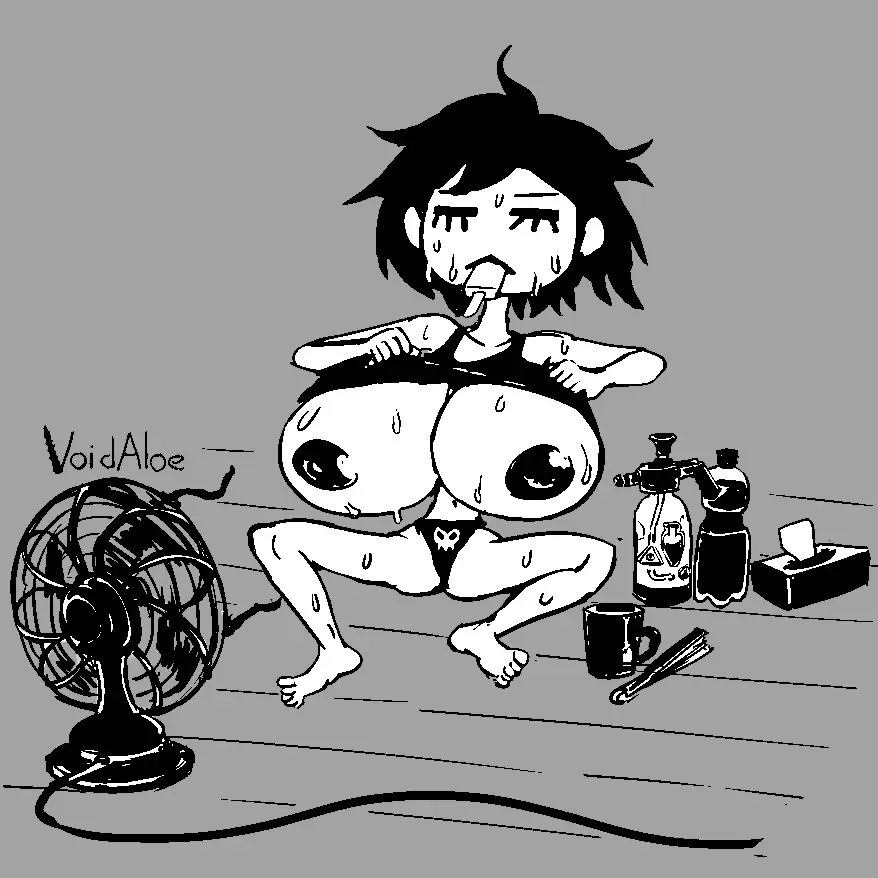 Image 1girls,breasts,female,sweat,panties,eyelashes,huge_breasts,sweaty_body,sweaty_breasts,top_heavy,tank_top,fan,tequila_(void_aloe),void_aloe