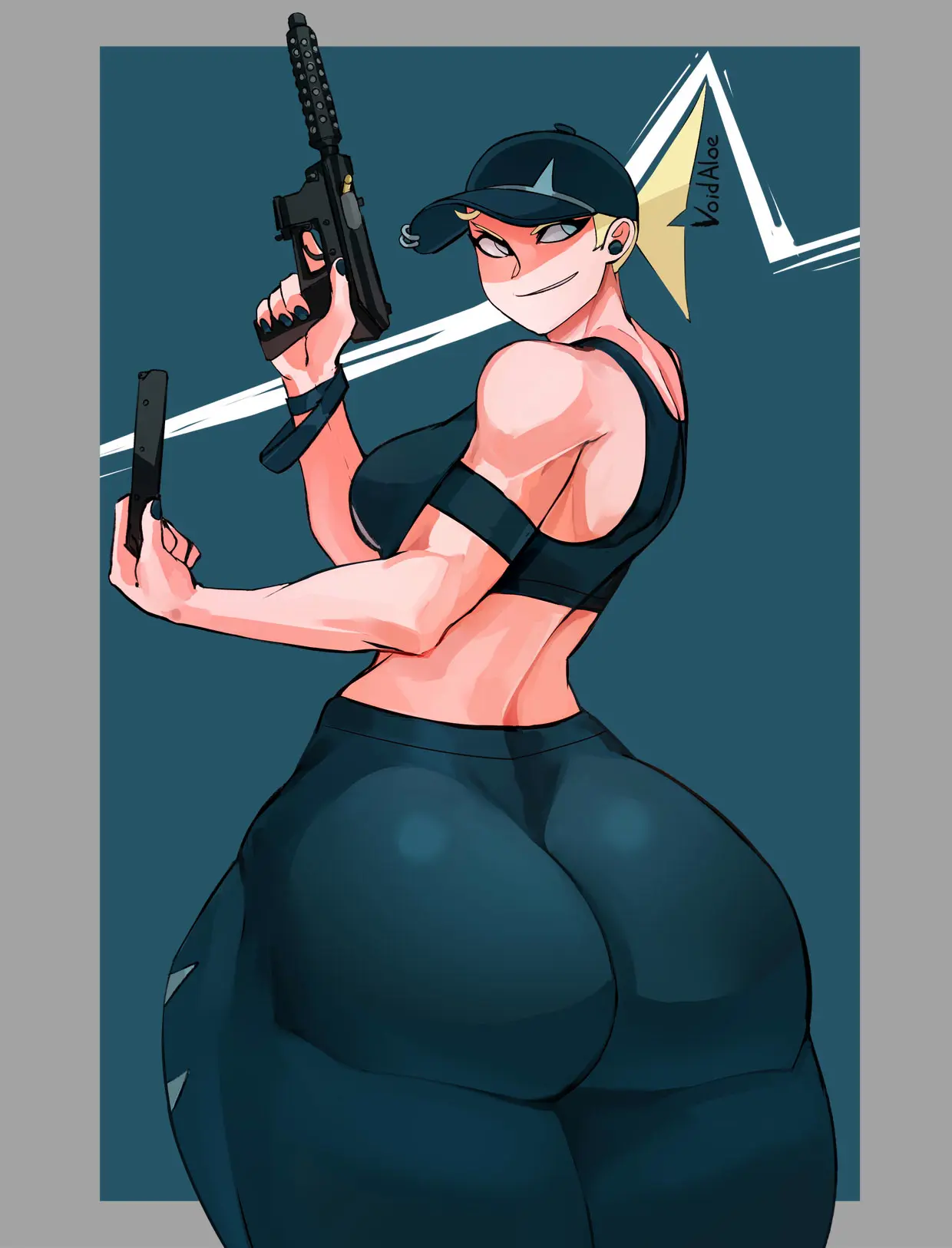 Image 1girls,female,ass,big_ass,thick_thighs,thighs,weapon,gun,void_aloe,shark_girl_(void_aloe)
