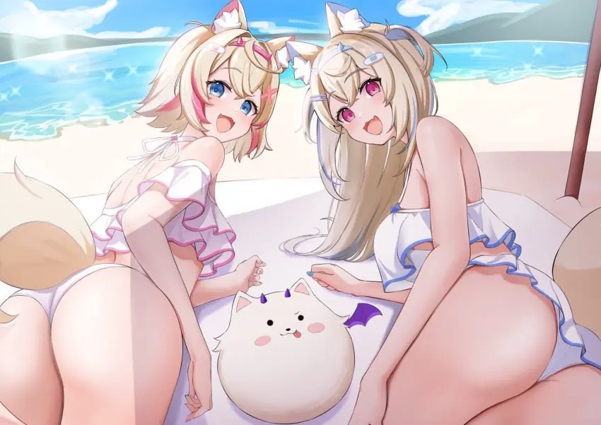 Image big_breasts,breasts,female,highres,light-skinned_female,light_skin,long_hair,looking_at_viewer,open_mouth,2girls,animal_ears,blue_eyes,short_hair,lying,bikini,ass,female_focus,looking_back,small_breasts,two_tone_hair,beach,smiling,smiling_at_viewer,virtual_youtuber,ocean,sky,vtuber,2d,blonde_hair,pink_eyes,animal_tail,swimsuit,hololive,outdoors,miniskirt,sisters,2d_(artwork),young,high_resolution,thong,back_view,younger_female,backboob,day,hololive_english,summer,clouds,hololive_english_-advent-,thong_bikini,two_piece_swimsuit,vtuberfanart,fuwamoco,fuwawa_abyssgard,mococo_abyssgard