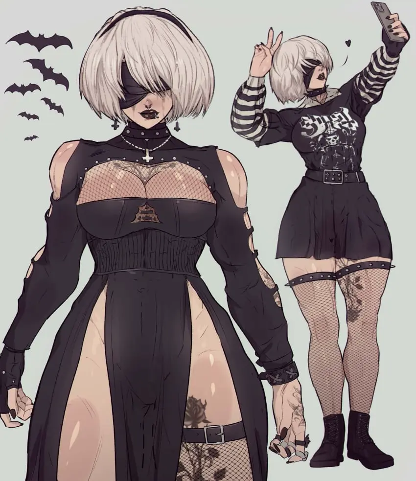 Image 1girls,big_breasts,blush,breasts,female,hi_res,large_breasts,light-skinned_female,light_skin,simple_background,solo,white_hair,black_legwear,choker,female_focus,thick_thighs,hair_over_one_eye,wide_hips,artist_name,midriff,solo_female,tattoo,piercing,tagme,nail_polish,pale-skinned_female,absurd_res,pale_skin,miniskirt,skirt,makeup,lipstick,fishnets,2024,abs,boots,goth,goth_girl,black_nails,blindfold,toned,fishnet_thighhighs,fishnet_legwear,black_lipstick,piercings,boob_window,short_skirt,pelvic_curtain,nier:_automata,yorha_2b,fishnet_stockings,tattoos,android,fishnet,android_girl,lip_piercing,yoracrab,nier