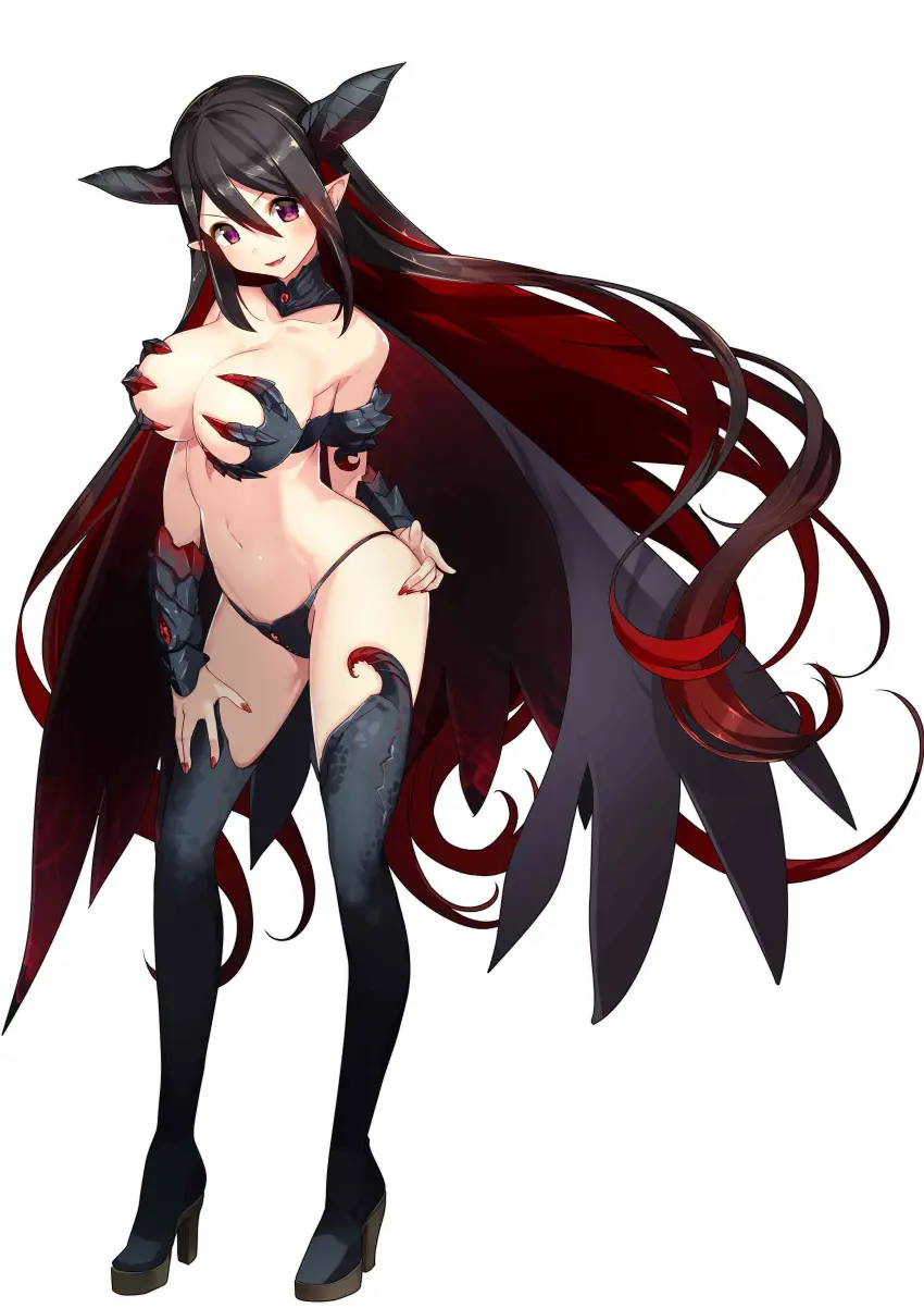 Image blush,breasts,female,highres,large_breasts,long_hair,looking_at_viewer,red_eyes,simple_background,smile,solo,v-shaped_eyebrows,very_long_hair,white_background,absurdres,black_hair,navel,sidelocks,thighhighs,red_hair,bikini,multicolored_hair,horns,bare_shoulders,cleavage,collarbone,parted_lips,swimsuit,nail_polish,pointy_ears,hand_on_own_hip,hair_between_eyes,demon_girl,demon_horns,high_heels,cape,revealing_clothes,two-tone_hair,stomach,black_bikini,highleg,full_body,boots,highleg_bikini,armor,black_footwear,hand_on_own_thigh,high_heel_boots,black_thighhighs,red_nails,official_art,thigh_boots,>:),bikini_armor,vambraces,yamacchi,bridgeless_bra,maoujou_no_chef