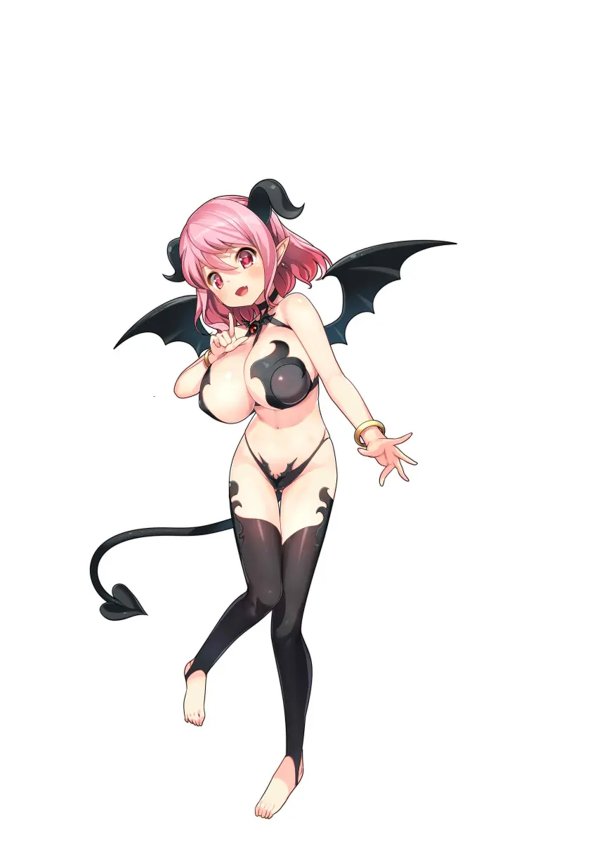 Image blush,breasts,female,highres,large_breasts,looking_at_viewer,open_mouth,simple_background,smile,solo,white_background,absurdres,navel,short_hair,tail,thighhighs,demon_tail,bikini,barefoot,horns,bare_shoulders,cleavage,jewelry,pink_hair,wings,pink_eyes,swimsuit,demon,pointy_ears,hair_between_eyes,demon_girl,demon_horns,demon_wings,oerba_yun_fang,stomach,black_bikini,bracelet,:d,full_body,toes,halterneck,succubus,black_thighhighs,bare_arms,official_art,toeless_legwear,demoness,succubus_horns,oppai,succubus_tail,succubus_wings,yamacchi,maoujou_no_chef