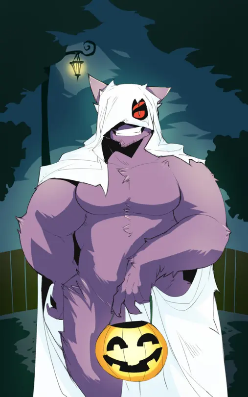 Image looking_at_viewer,red_eyes,smile,male,pokemon,thick_thighs,muscular,muscular_male,smiling,male_only,yaoi,thick,ghost,bara,night,slightly_chubby,pecs,chest,male_focus,teasing,teasing_viewer,halloween,costume,moobs,muscular_arms,chest_tuft,muscular_chest,sheet_ghost,sheets,gengar,hiding,hiding_penis,trick_or_treat,kokuhane,kokuhane_(character),kokukokuboo