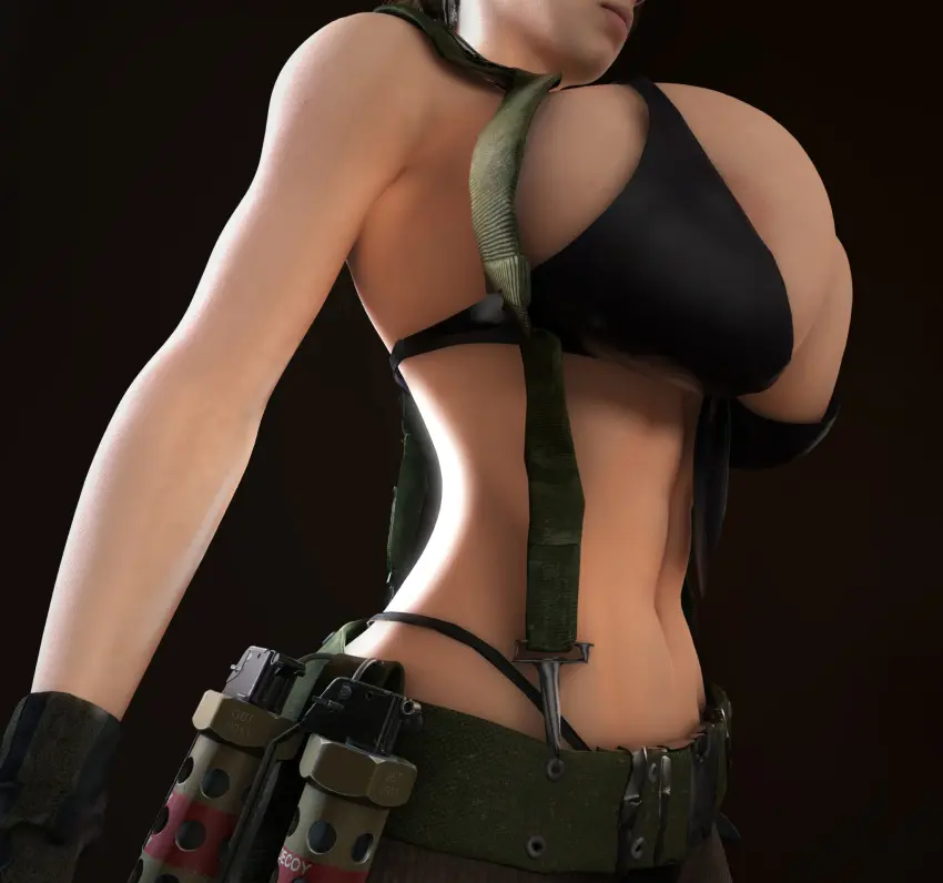Image 1girls,breasts,female,female_only,human,solo,gloves,clothed_female,midriff,solo_female,huge_breasts,3d,alternate_breast_size,3d_(artwork),bikini_top,belt,areola_slip,human_female,black_bikini_top,metal_gear,metal_gear_solid,metal_gear_solid_v,vaako,quiet_(metal_gear),grenade,ammo_belt,smoke_grenade