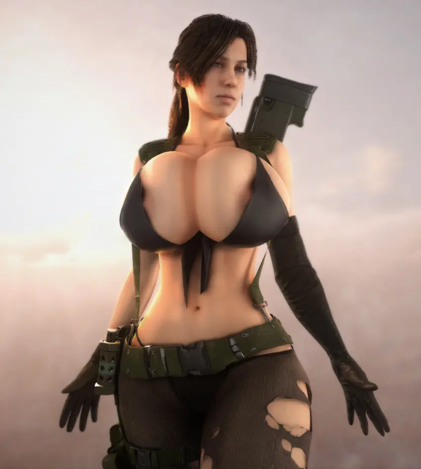 Image 1girls,breasts,female,female_only,human,solo,standing,suspenders,gloves,ponytail,midriff,solo_female,straps,hair,huge_breasts,lips,tied_hair,busty,dark_hair,3d,upper_body,alternate_breast_size,3d_(artwork),cropped_legs,belt,front_view,thigh_strap,weapon,areola_slip,pantyhose,torn_pantyhose,ranged_weapon,pink_lips,thigh_holster,human_female,big_lips,panties_under_pantyhose,torn_legwear,full_lips,thick_bottom_lip,metal_gear,metal_gear_solid,metal_gear_solid_v,vaako,rifle,weapon_on_back,quiet_(metal_gear),firearm,asymmetrical_gloves