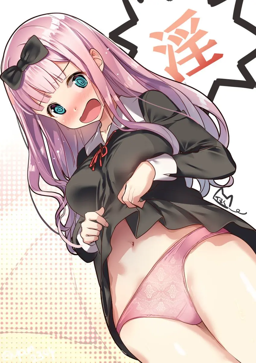 Image blush,bow,breasts,female,hairbow,highres,large_breasts,long_hair,long_sleeves,open_mouth,solo,standing,blue_eyes,blunt_bangs,navel,panties,underwear,pink_hair,dress,school_uniform,looking_down,dress_lift,lifted_by_self,black_dress,commentary_request,clothes_lift,from_below,kaguya-sama_wa_kokurasetai_~tensai-tachi_no_renai_zunousen~,@_@,pink_panties,black_bow,fujiwara_chika,yamacchi,panchira,panchira_(standing),shuuchiin_academy_school_uniform