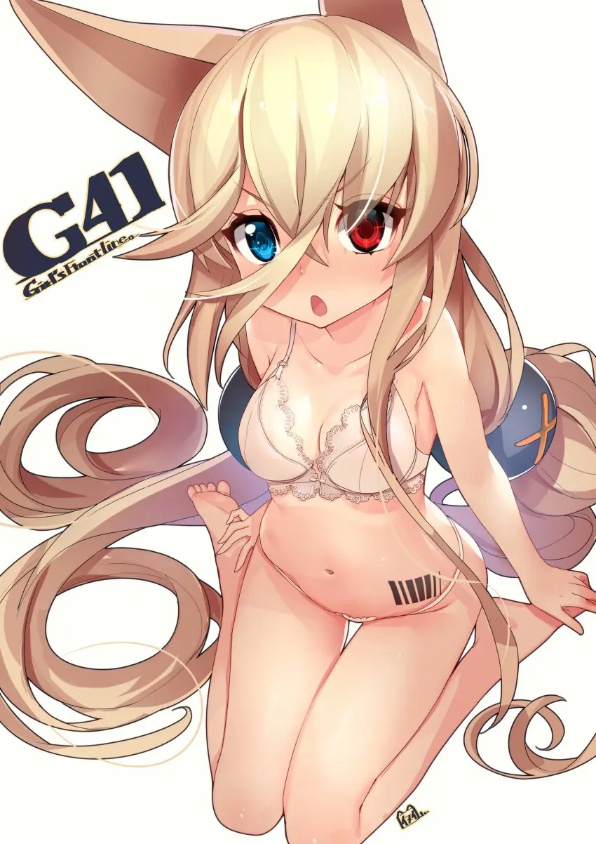 Image blush,breasts,female,highres,long_hair,looking_at_viewer,open_mouth,red_eyes,solo,very_long_hair,absurdres,animal_ears,blue_eyes,navel,bra,panties,underwear,barefoot,collarbone,tattoo,blonde_hair,medium_breasts,sitting,hair_between_eyes,twintails,white_panties,commentary_request,heterochromia,low_twintails,girls'_frontline,wariza,character_name,barcode,barcode_tattoo,copyright_name,yamacchi,g41_(girls'_frontline),h&k_g41