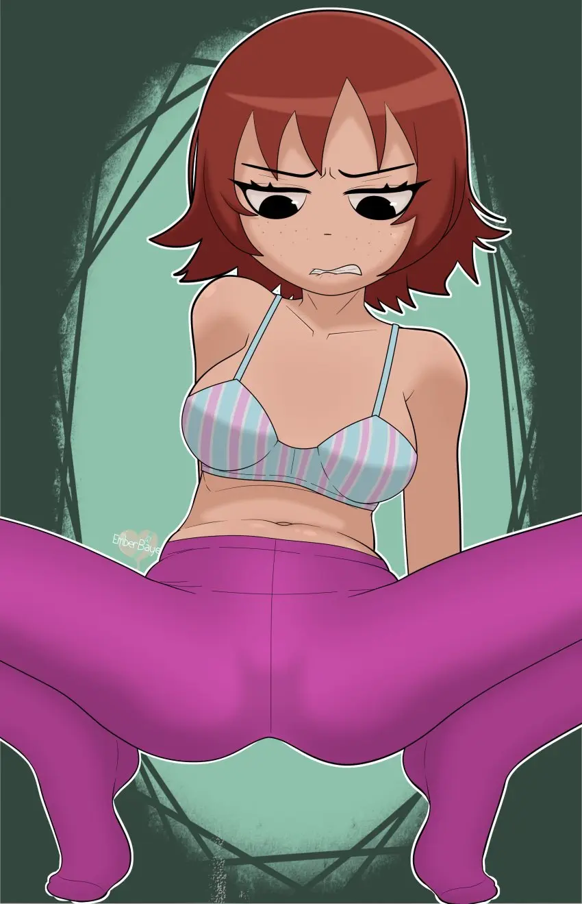 Image 1girls,female,solo,short_hair,bra,biting_lip,freckles,solo_female,spread_legs,brown_hair,black_eyes,squatting,partially_clothed,pantyhose,kim_pine,scott_pilgrim,striped_bra,emberbaye