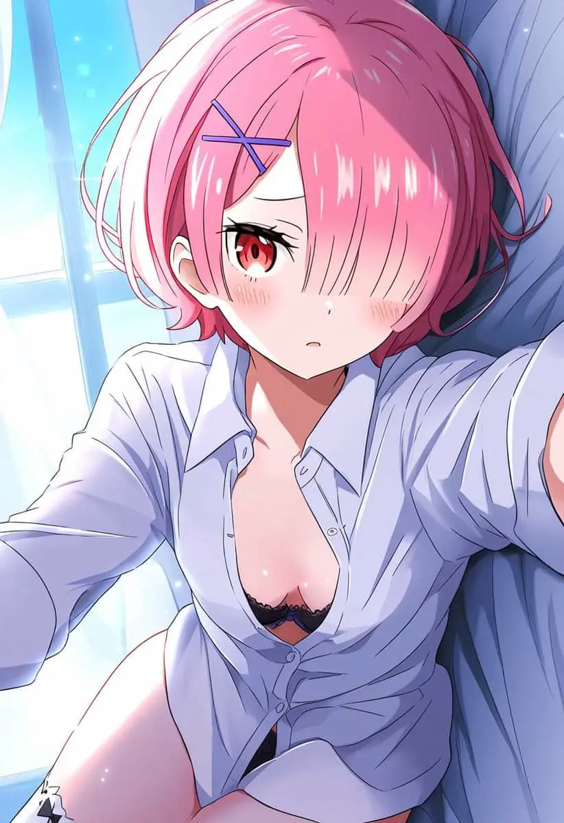 Image ai_generated, pink_hair, pink_eyes, re:zero_kara_hajimeru_isekai_seikatsu, sleeping, ram_(re:zero)