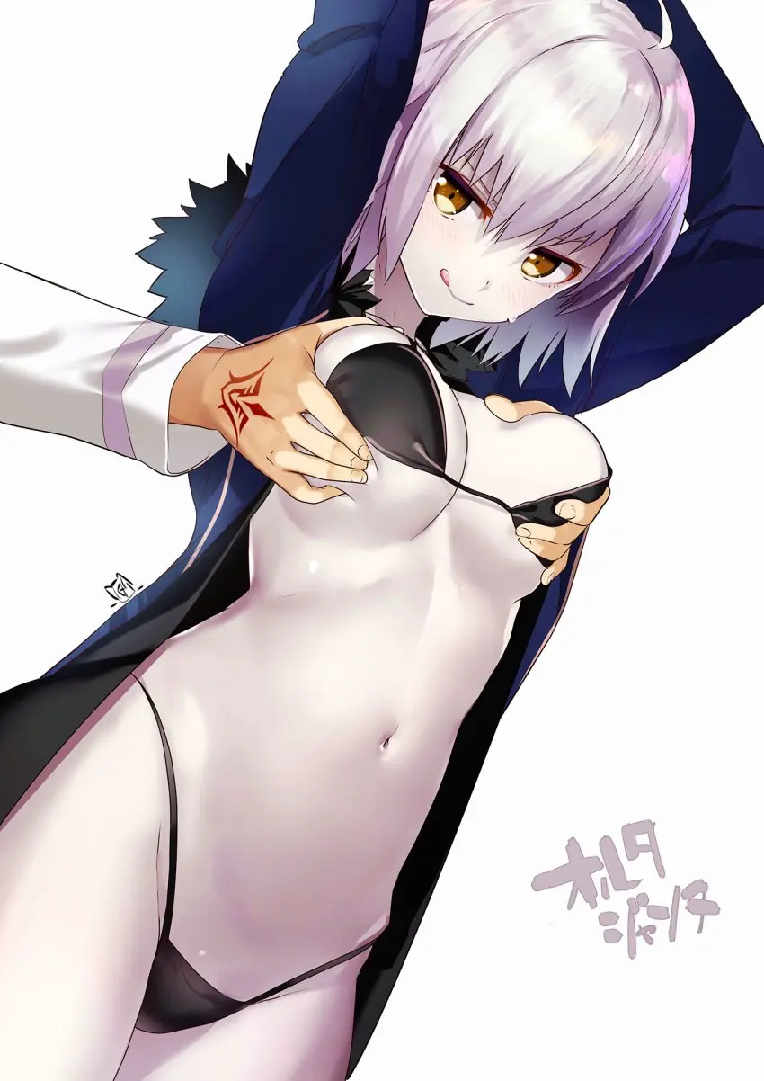Image blush,breasts,female,highres,long_sleeves,simple_background,white_background,1boy,male,navel,short_hair,tongue_out,yellow_eyes,bikini,tongue,arms_up,solo_focus,medium_breasts,:q,swimsuit,pale_skin,ahoge,grabbing,grabbing_another's_breast,grabbing_from_behind,black_bikini,fate_(series),silver_hair,looking_to_the_side,fate/grand_order,jeanne_d'arc_(fate),fujimaru_ritsuka_(male),command_spell,jeanne_alter,yamacchi,jeanne_d'arc_alter_(avenger)_(fate),jeanne_d'arc_alter_(fate)