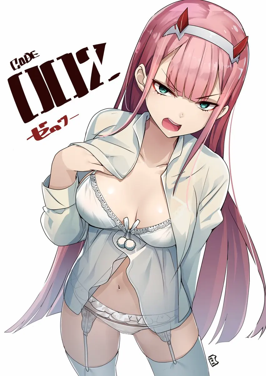 Image blush,breasts,collared_shirt,female,highres,long_hair,looking_at_viewer,open_clothes,open_mouth,open_shirt,shiny_skin,shirt,simple_background,solo,standing,white_background,absurdres,navel,thighhighs,panties,underwear,female_focus,dutch_angle,horns,hairband,lingerie,pink_hair,medium_breasts,white_shirt,white_panties,straight_hair,eyeshadow,makeup,aqua_eyes,white_hairband,garter_belt,annoyed,garter_straps,white_thighhighs,zero_two_(darling_in_the_franxx),darling_in_the_franxx,10s,babydoll,yamacchi