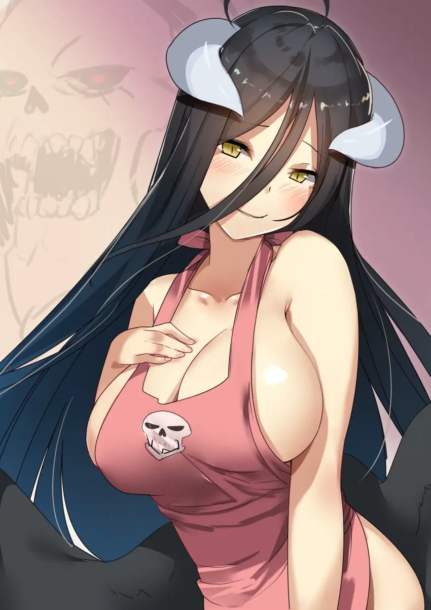 Image blush,breasts,female,highres,large_breasts,long_hair,looking_at_viewer,no_bra,smile,solo,black_hair,yellow_eyes,horns,cleavage,sideboob,wings,black_wings,demon_girl,demon_horns,apron,albedo_(overlord),overlord_(maruyama),apron_only,naked_apron,oppai,yamacchi