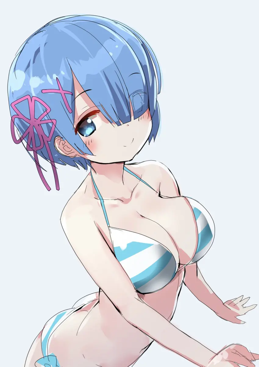 Image blush,breasts,female,hair_ornament,highres,large_breasts,looking_at_viewer,simple_background,smile,solo,blue_eyes,blue_hair,short_hair,bikini,hair_over_one_eye,bare_shoulders,cleavage,collarbone,swimsuit,hair_ribbon,re:zero_kara_hajimeru_isekai_seikatsu,rem_(re:zero),closed_mouth,ribbon,grey_background,sketch,halterneck,eyes_visible_through_hair,x_hair_ornament,striped_clothes,10s,striped_bikini,yamacchi