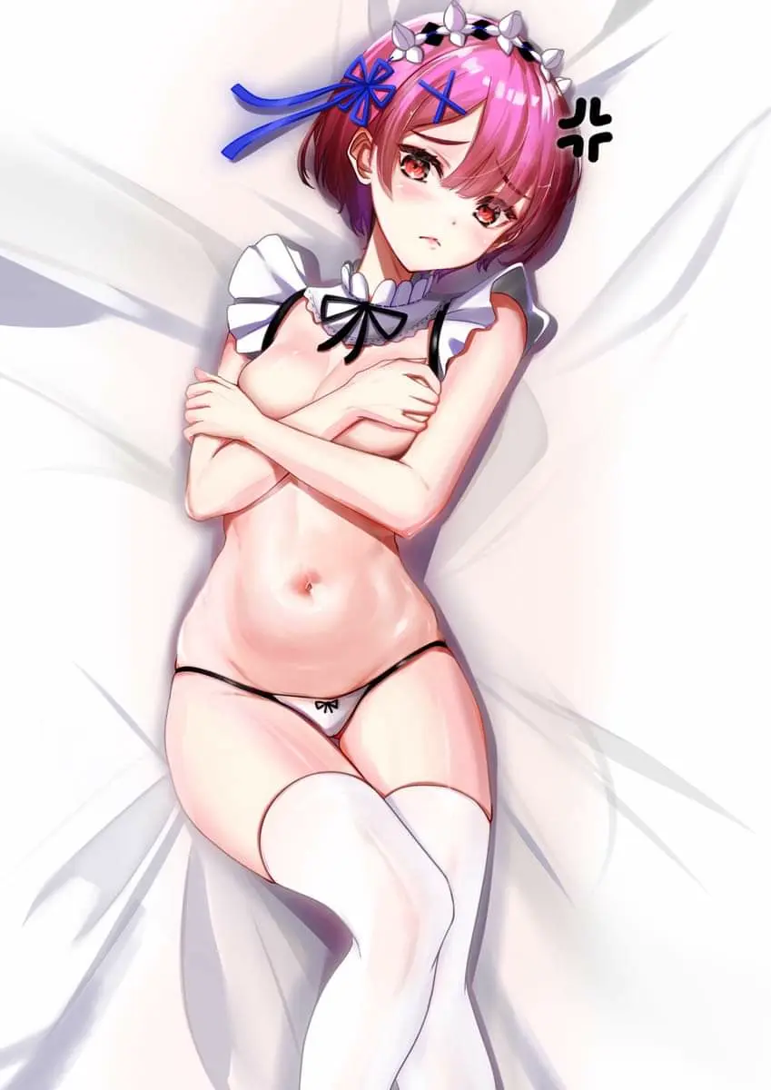 Image ai_generated,lingerie,white_lingerie,pink_hair,pink_eyes,re:zero_kara_hajimeru_isekai_seikatsu,ram_(re:zero)
