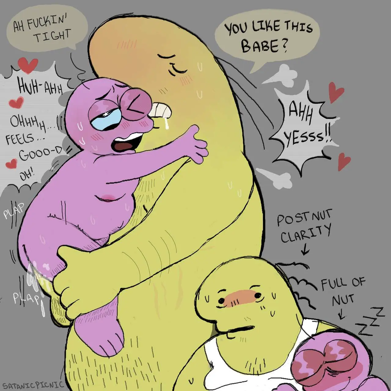 Image cum,male,2boys,anal,anal_sex,artist_name,drooling,size_difference,cum_inside,one_eye_closed,gay,gay_sex,dialogue,heart,sweating,speech_bubble,toony,tight_anal,hearts,<3,pim_(smiling_friends),smiling_friends,post_nut_clarity,holding_hips,charlie_(smiling_friends),satanicpicnic