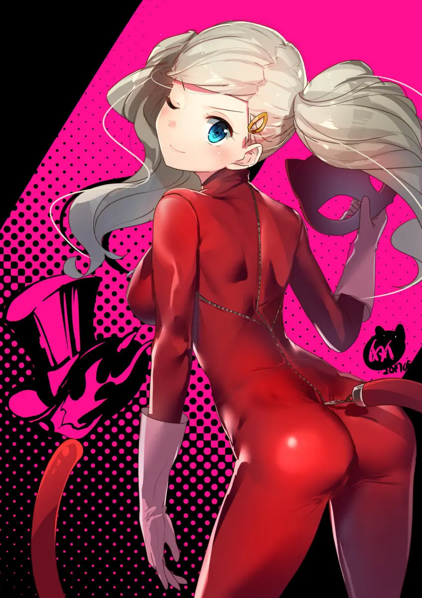 Image clothing,female,hair_ornament,highres,human,long_hair,looking_at_viewer,smile,solo,blue_eyes,gloves,tail,ass,looking_back,from_behind,blonde_hair,one_eye_closed,pale_skin,cat_tail,twintails,white_gloves,commentary_request,bodysuit,persona,persona_5,mask,ann_takamaki,10s,phantom_thief_suit,red_bodysuit,bodycon,unworn_mask,yamacchi