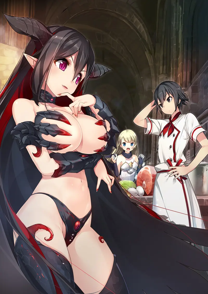 Image blush,breasts,cowboy_shot,female,large_breasts,long_hair,open_mouth,v-shaped_eyebrows,1boy,2girls,black_hair,black_legwear,male,multiple_girls,navel,thighhighs,bikini,female_focus,horns,bare_shoulders,cleavage,collarbone,green_eyes,parted_lips,swimsuit,nail_polish,pointy_ears,purple_eyes,indoors,hair_between_eyes,demon_girl,demon_horns,cape,looking_at_another,short_sleeves,revealing_clothes,oerba_yun_fang,black_bikini,skimpy_clothes,highleg,fully_clothed,silver_hair,highleg_bikini,armor,bridal_gauntlets,red_nails,meat,official_art,food,egg,>:),bikini_armor,vambraces,cabbage,yamacchi,maoujou_no_chef,chef