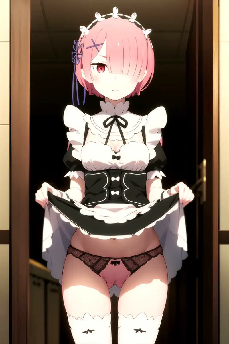 Image red_eyes,panties,ai_generated,pink_hair,pink_eyes,re:zero_kara_hajimeru_isekai_seikatsu,skirt_lift,pantsu,ram_(re:zero)
