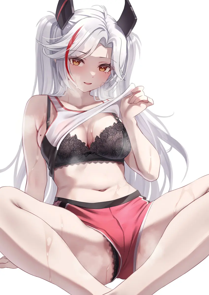 Image blush,breasts,female,large_breasts,sweat,bra,underwear,thighs,barefoot,sportswear,sitting,mole_on_breast,steaming_body,shirt_lift,steam,azur_lane,exhausted,very_sweaty,short_shorts,lotus_position,prinz_eugen_(azur_lane),after_exercise