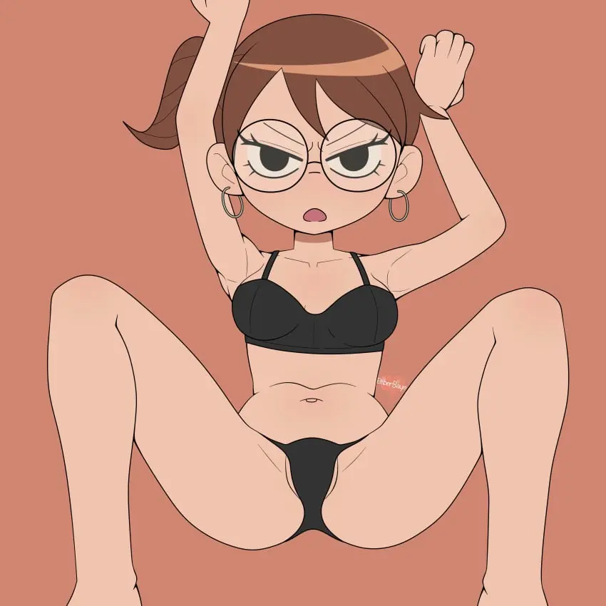 Image 1girls,female,looking_at_viewer,solo,short_hair,bra,panties,underwear,earrings,hoop_earrings,ponytail,armpits,arms_up,solo_female,glasses,spread_legs,brown_hair,black_panties,black_eyes,black_underwear,black_bra,scott_pilgrim,emberbaye,julie_powers