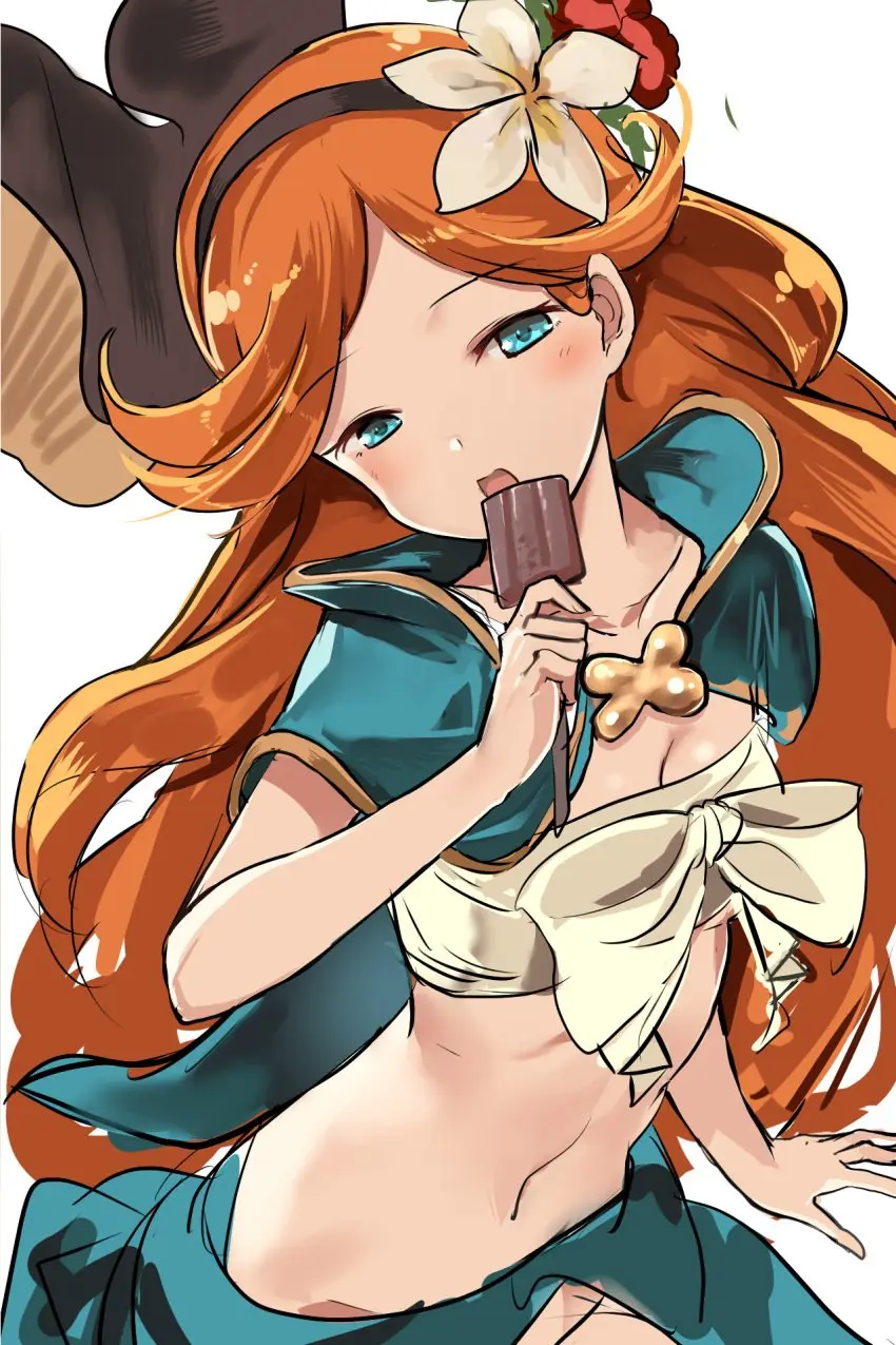 Image blush,female,hair_ornament,highres,long_hair,looking_at_viewer,open_mouth,solo,very_long_hair,blue_eyes,navel,hairband,orange_hair,cape,commentary_request,flower,hair_flower,tube_top,strapless,granblue_fantasy,10s,popsicle,yamacchi,sara_(granblue_fantasy)