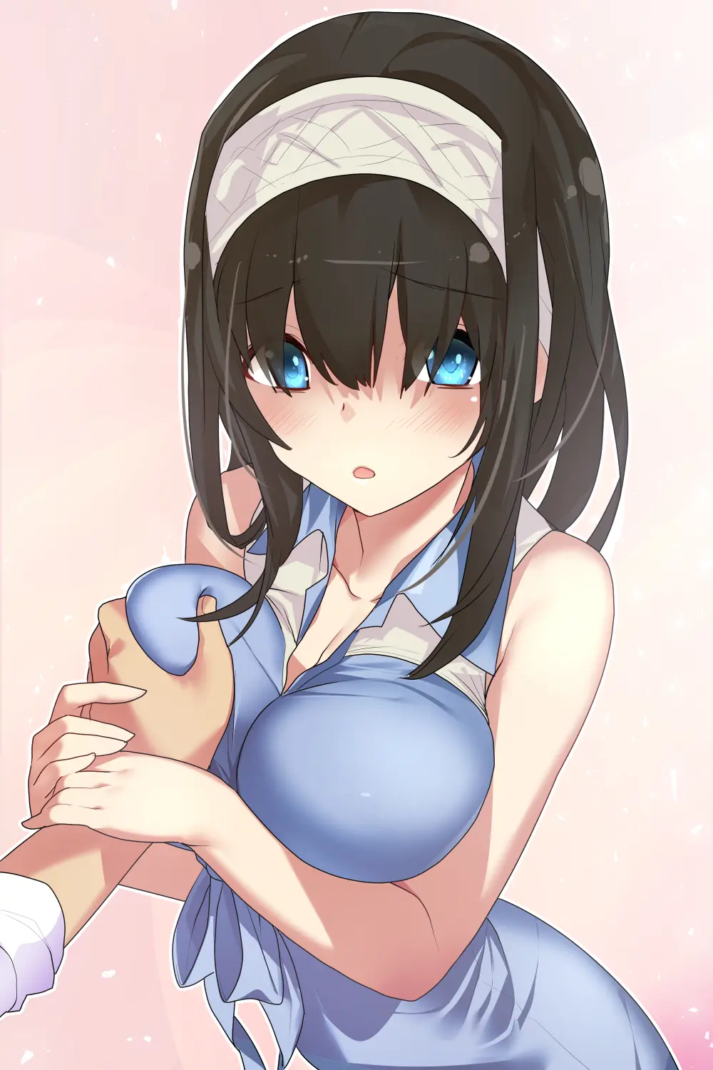 Image blush,breasts,female,highres,large_breasts,long_hair,looking_at_viewer,open_mouth,1boy,black_hair,blue_eyes,male,straight,hairband,solo_focus,dress,pov,sleeveless_dress,grabbing,grabbing_another's_breast,sleeveless,idolmaster,idolmaster_cinderella_girls,breast_grab,blue_dress,guided_breast_grab,10s,guiding_hand,yamacchi,sagisawa_fumika