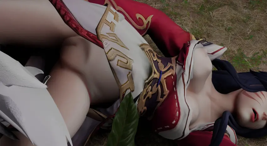 Image female,female_only,no_bra,unconscious,3d,no_panties,fox_ears,fox_girl,fox_tail,league_of_legends,sleeping,flashing,ahri,default_ahri,bagofsauce