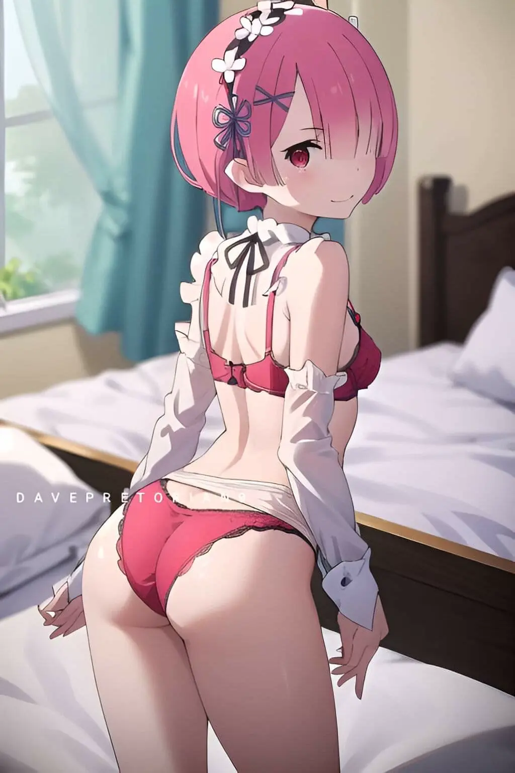 Image red_eyes, panties, ass, ai_generated, pink_hair, re:zero_kara_hajimeru_isekai_seikatsu, ram_(re:zero)