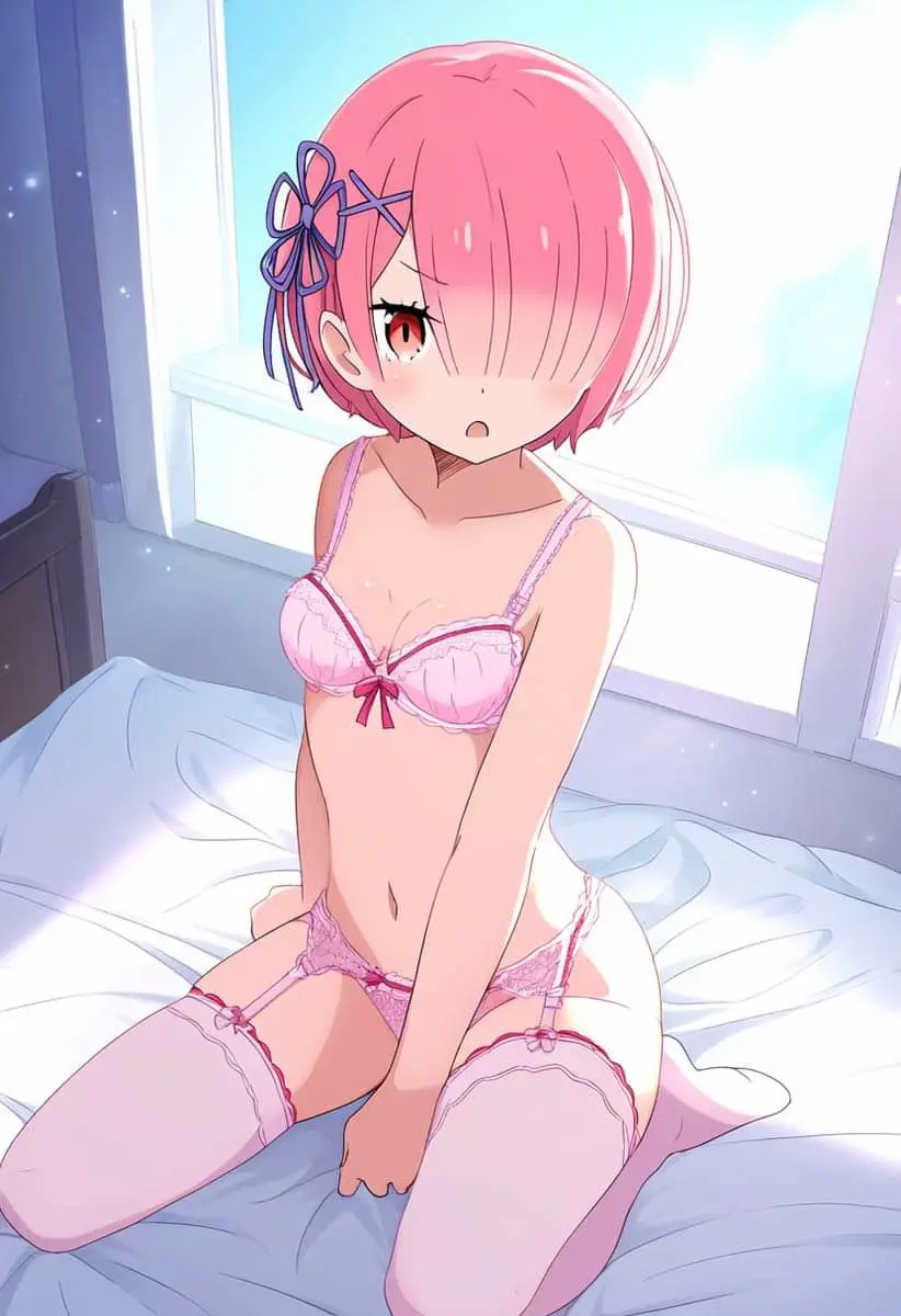 Image 1girls,female,female_only,hair_ornament,red_eyes,bangs,short_hair,underwear,hair_over_one_eye,ai_generated,pink_hair,pink_eyes,underwear_only,re:zero_kara_hajimeru_isekai_seikatsu,x_hair_ornament,pink_lingerie,pink_underwear,ram_(re:zero)