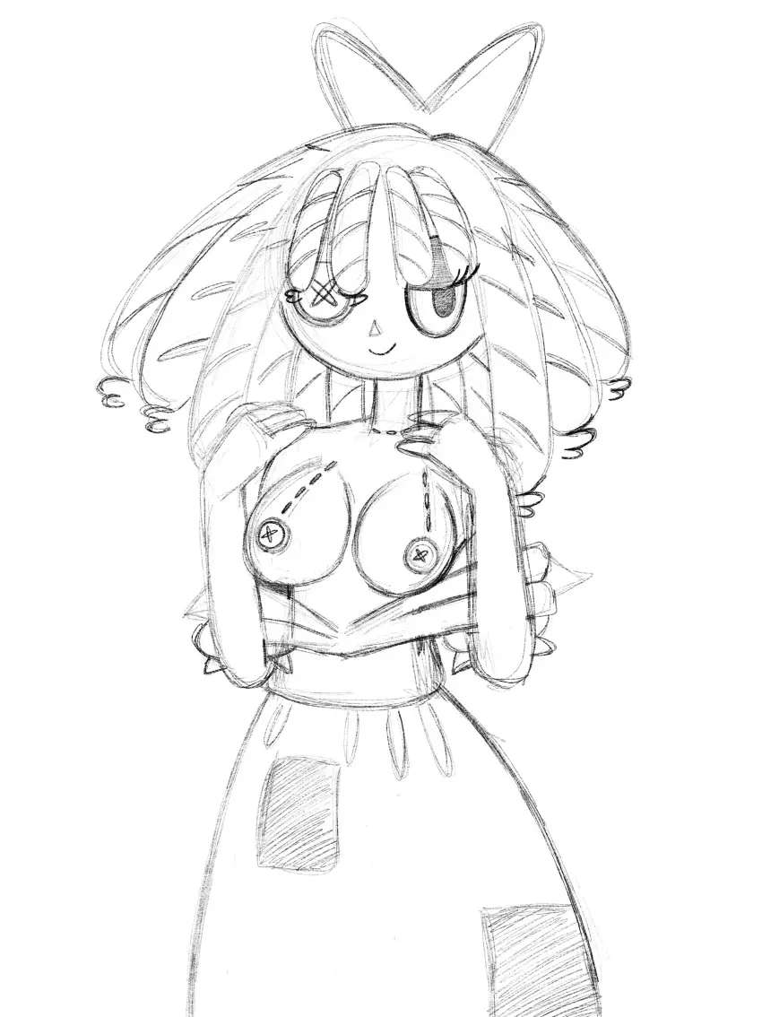 Image 1girls,bow,breasts,female,female_only,nipples,solo,solo_female,medium_breasts,dress,medium_hair,sketch,doll,ragatha_(the_amazing_digital_circus),the_amazing_digital_circus,glitch_productions,ragatha,button_nipples