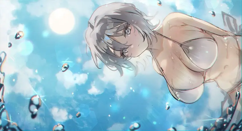 Image 1girls,big_breasts,blush,breasts,female,looking_at_viewer,white_hair,blue_eyes,short_hair,bikini,wet,pale_skin,looking_down,project_moon,limbus_company,faust_(limbus_company)