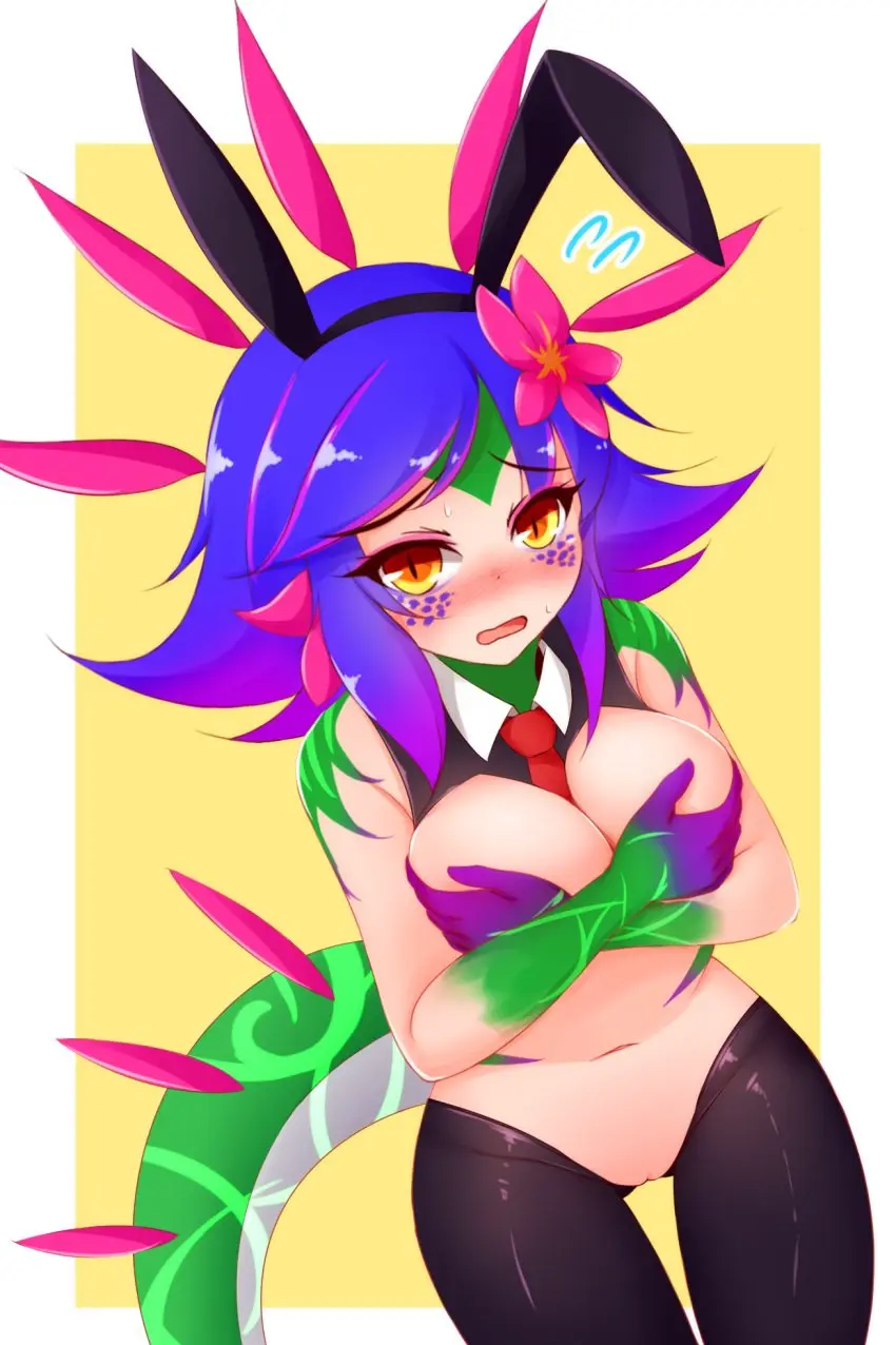 Image blush,breasts,clothing,female,hi_res,looking_at_viewer,open_mouth,simple_background,solo,blue_hair,pussy,yellow_eyes,humanoid,multicolored_hair,freckles,embarrassed,flower_in_hair,accessory,digital_media_(artwork),hair_accessory,yellow_background,hair,animal_humanoid,purple_hair,2022,genitals,mammal,flower,legwear,biped,reptile,scalie,necktie,league_of_legends,blush_lines,covering,slit_pupils,markings,plant,riot_games,chameleon_humanoid,lizard_humanoid,neeko,reptile_humanoid,scalie_humanoid,tencent,covering_breasts,emanata,2020,pupils,head_crest,fake_ears,fake_rabbit_ears,red_necktie,border,white_border,ayatori