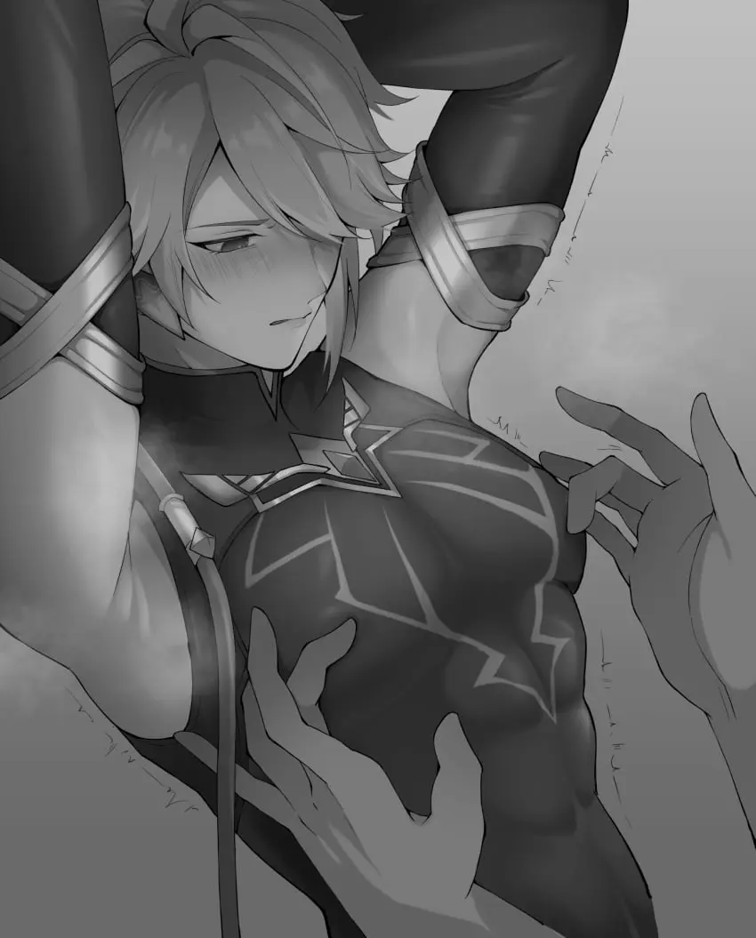 Image blush,male,muscular,muscular_male,armpits,male_only,yaoi,arms_up,gay,genshin_impact,tight_clothing,nipples_visible_through_clothing,male_focus,abs,musk_clouds,alhaitham_(genshin_impact),nipple_play,playing_with_nipple,thamsuki