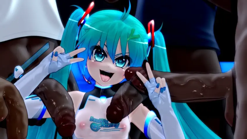 Image 1girls,breasts,female,open_mouth,heart-shaped_pupils,male,penis,small_breasts,dark-skinned_male,dark_skin,tagme,3d,hatsune_miku,vocaloid,4boys,v_sign,mantis_x