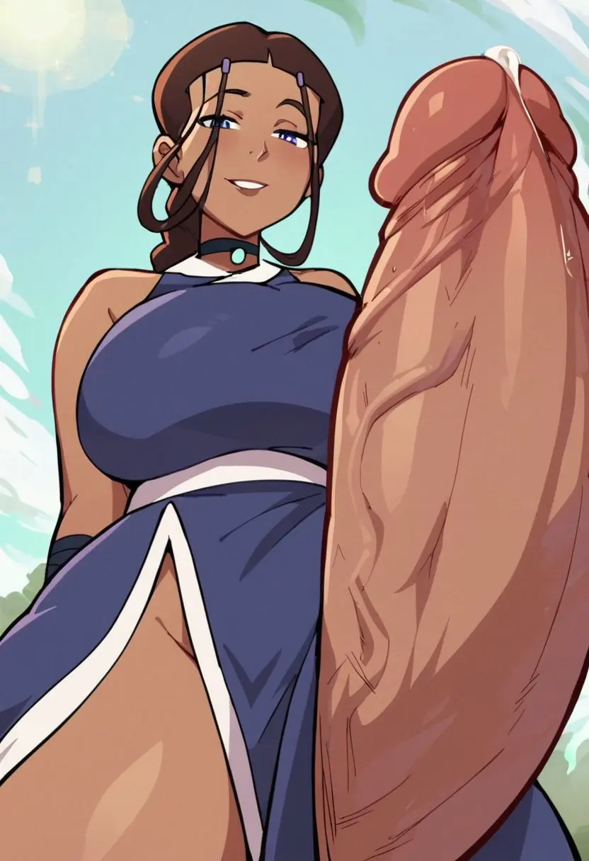 Image big_breasts,breasts,looking_at_viewer,cum_drip,penis,big_penis,1futa,futanari,intersex,ai_generated,futa_only,low-angle_view,precum,avatar_legends,avatar_the_last_airbender,katara,water_tribe,smug_face