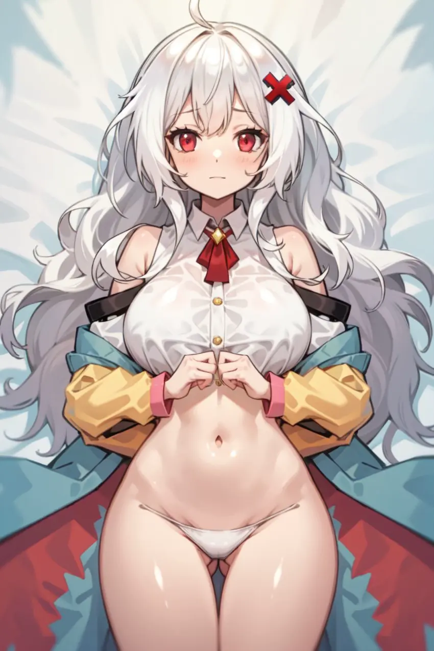 Image breasts,female,hair_ornament,long_hair,white_hair,nude,wide_hips,virtual_youtuber,ai_generated,headband,huge_breasts,vtuber,on_bed,ahoge,ricochetk,erispheria