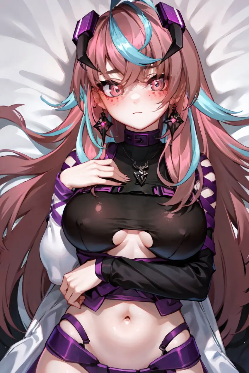 Image breasts,female,nude,multicolored_hair,wide_hips,virtual_youtuber,ai_generated,huge_breasts,vtuber,on_bed,ricochetk,emikukis