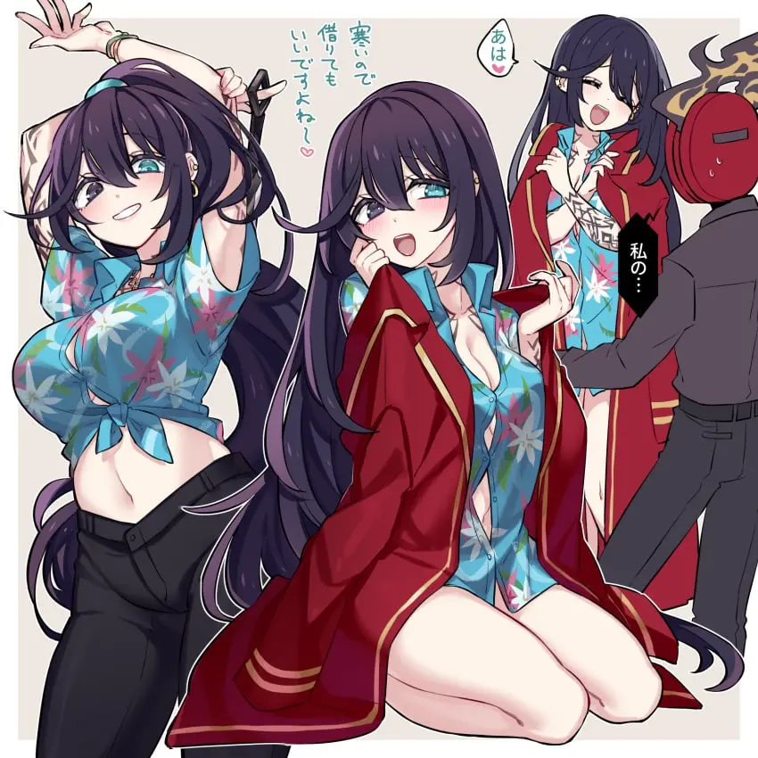 Image 1girls,big_breasts,breasts,clothing,female,long_hair,shirt,ponytail,arms_up,tattoo,heterochromia,violet_hair,rule_63,tattoos,project_moon,limbus_company,dante_(limbus_company),hong_lu,hong_lu_(limbus_company)