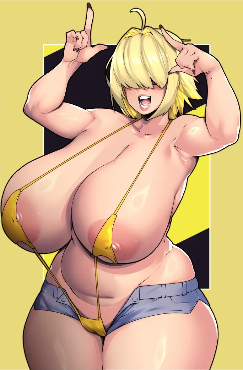 Image 1girls,breasts,female,hi_res,open_mouth,short_hair,bikini,thick_thighs,thighs,voluptuous,wide_hips,hips,huge_breasts,blonde_hair,goddess_of_victory:_nikke,shorts,sling_bikini,plump,bbw,booty_shorts,elegg_(nikke),hair_over_eyes,venus_body,short_shorts,jean_shorts,useless_clothing,rice-chan
