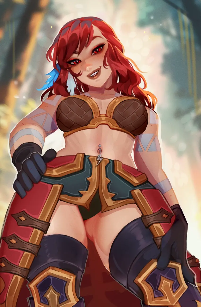 Image 1girls, female, female_only, long_hair, looking_at_viewer, red_eyes, solo, black_legwear, gloves, red_hair, bra, freckles, smiling, smiling_at_viewer, tattoo, absurd_res, hand_on_hip, legwear, navel_piercing, armor, dwarf, feather_in_hair, dwarf_female, maewix1