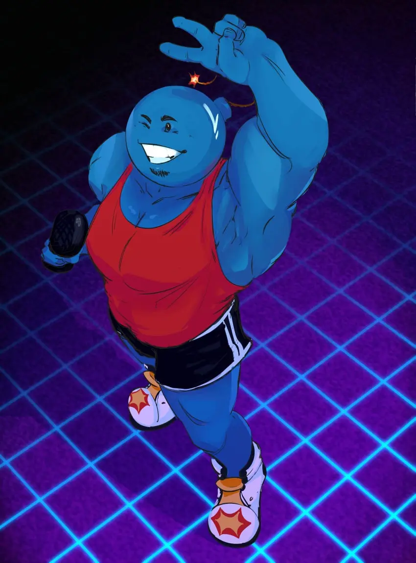 Image 1boy,male,colored,athletic,muscular,muscular_male,armpits,male_only,yaoi,color,bara,shorts,fully_clothed,microphone,blue_skin,vest,peace_sign,stubble,beard_stubble,muscular_chest,sneakers,muscle_tone,no_sex,spaghetti_strap,getgianni,gianni_matragrano,sigmaslacefront,smileybomb