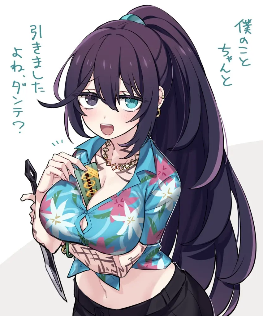 Image 1girls,big_breasts,blush,breasts,clothing,female,long_hair,looking_at_viewer,shirt,smile,standing,earrings,ponytail,cleavage,tattoo,necklace,heterochromia,violet_hair,rule_63,tattoos,project_moon,limbus_company,hong_lu,hong_lu_(limbus_company)