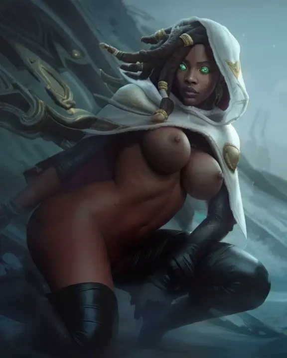 Image 1girls,breasts,female,female_only,nipples,ai_generated,solo_female,tagme,naked,dark-skinned_female,glowing_eyes,cape,naked_female,league_of_legends,dreadlocks,leather_gloves,leather_boots,senna_(league_of_legends)