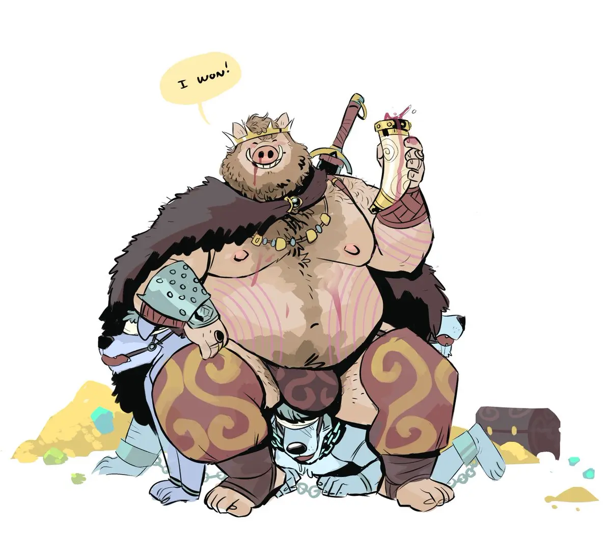 Image nipples,simple_background,smile,white_background,male,navel,male/male,belly,gold_(metal),headgear,jewelry,anthro,necklace,saliva,restrained,bodily_fluids,canid,canine,canis,domestic_dog,mammal,dominant,dominant_male,submissive_male,all_fours,submissive,bondage,sitting_on_another,2024,ring,weapon,suid,suina,sus_(pig),group,trio,chains,overweight,blindfold,beard,obese,ball_gag,gag,restraints,crown,facial_hair,sword,hairy,overweight_male,cuff_(restraint),shackles,body_hair,beverage,domestic_pig,melee_weapon,chest_hair,warrior,slave,alcohol,obese_male,bhm,dramamine,chest_(container),daddyjinn