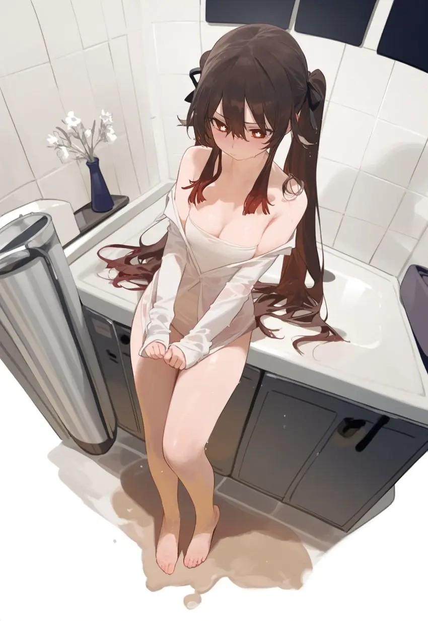 Image female,long_hair,ai_generated,artist_request,genshin_impact,hu_tao_(genshin_impact),bathroom