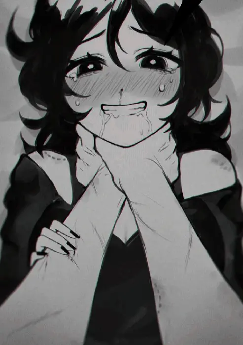 Image 1girls,blush,female,highres,looking_at_viewer,smile,sweat,bed_sheet,grin,solo_focus,dress,saliva,medium_hair,pov,blood,monochrome,tearing_up,off-shoulder_dress,off_shoulder,nosebleed,bright_pupils,hickey,strangling,ashley_graves,the_coffin_of_andy_and_leyley,greyscale,messy_hair,white_pupils,cuts,injury,paint,reiji-rj