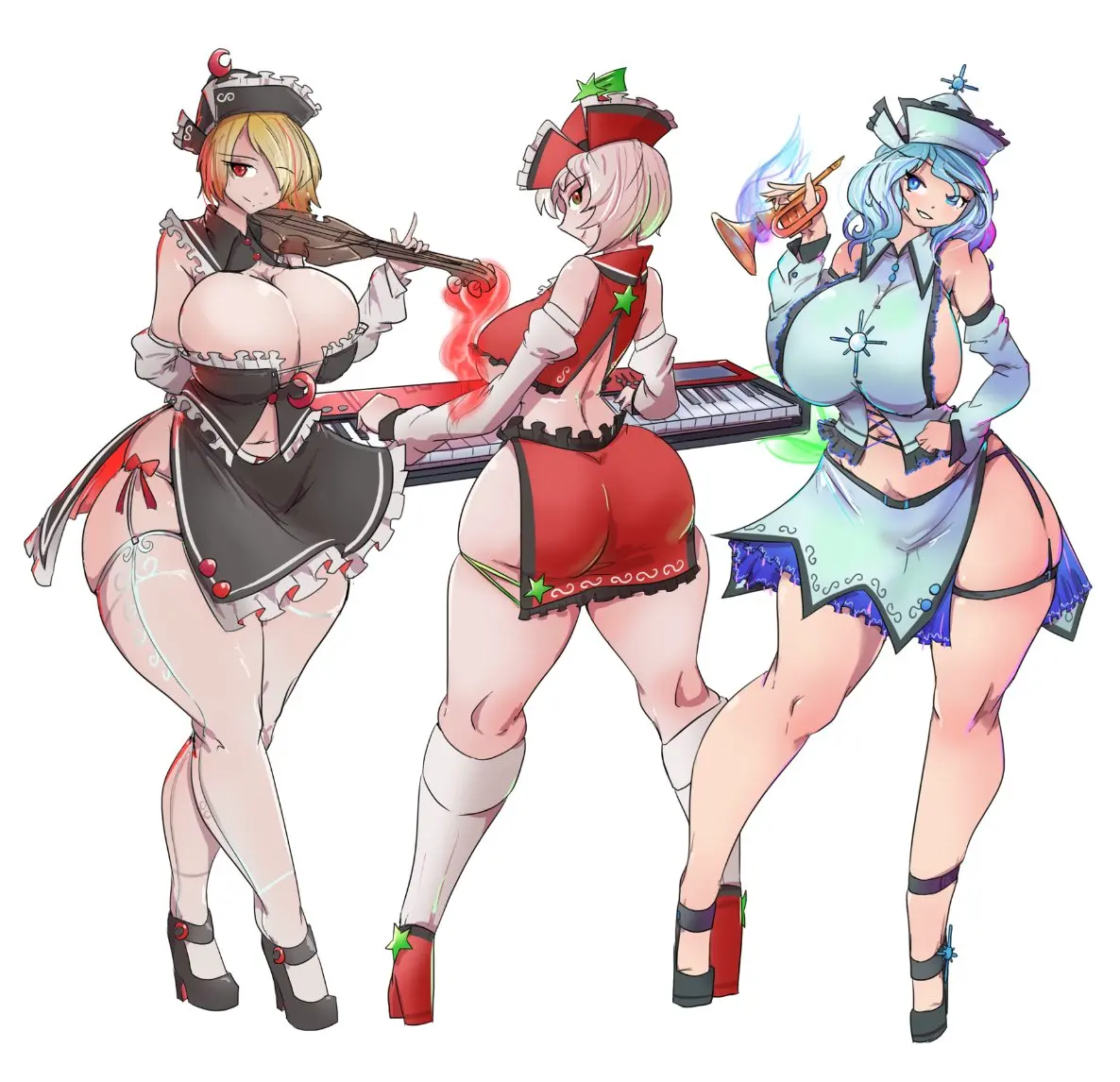 Image touhou,thick_thighs,thick,ghost,sisters,greenm,poltergeist,instrument,lunasa_prismriver,merlin_prismriver,lyrica_prismriver
